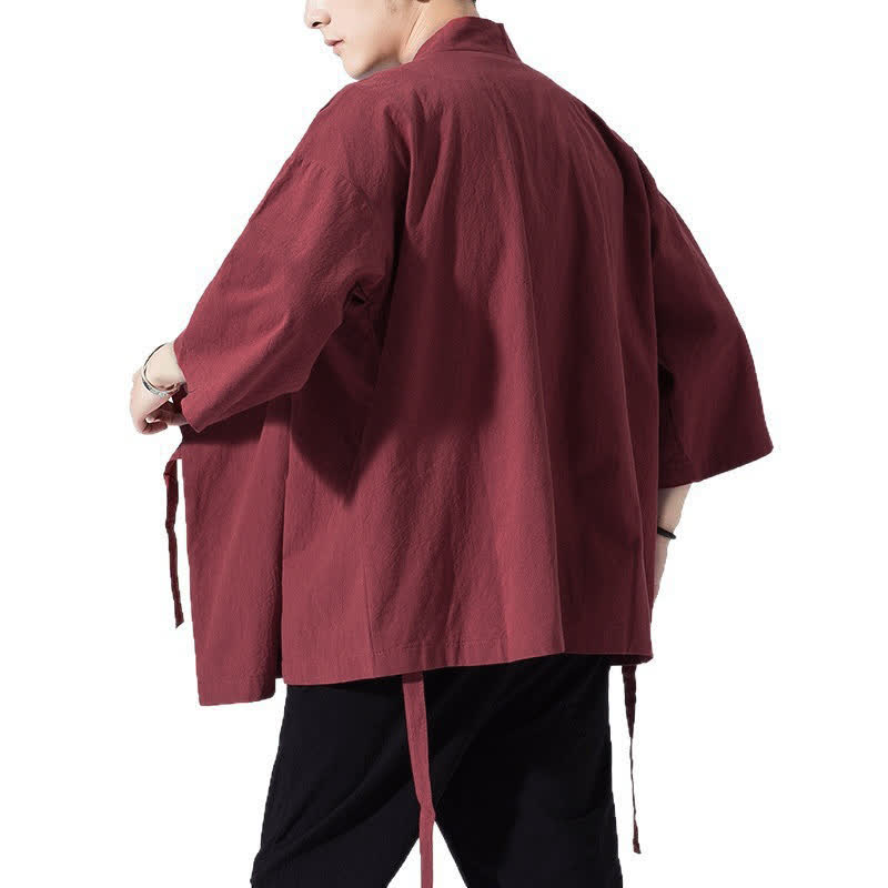 Buddha Stones Lässiger, minimalistischer Sommerkimono für Herren mit Kordelzug, einfarbig, ellbogenlangen Ärmeln. - image 23
