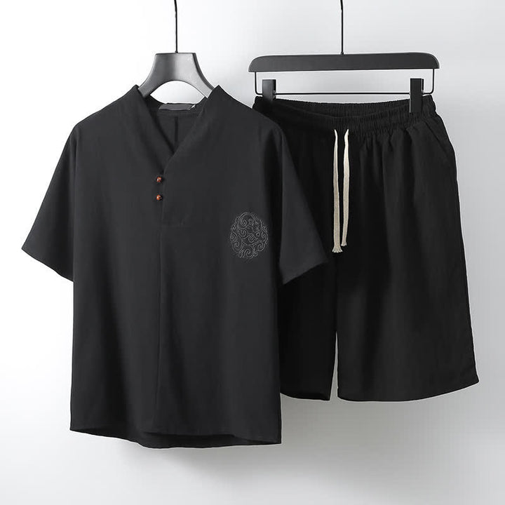 Buddha Stones 2-teiliges Sommer-Set im Tang-Stil: Lässiges Kurzarmhemd und Shorts aus Baumwoll-Leinen-Meditationskleidung mit Tasche. - Schwarz - US/UK/AU54, EU64 (9XL) - image 3