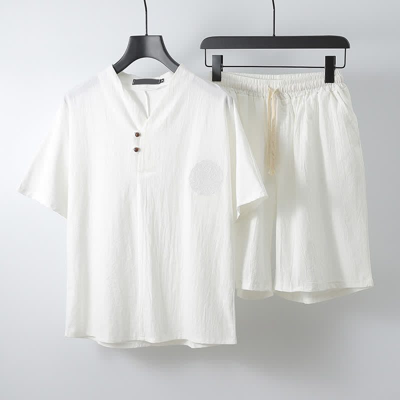 Buddha Stones 2-teiliges Sommer-Set im Tang-Stil: Lässiges Kurzarmhemd und Shorts aus Baumwoll-Leinen-Meditationskleidung mit Tasche. - Weiß - US/UK/AU54, EU64 (9XL) - image 12