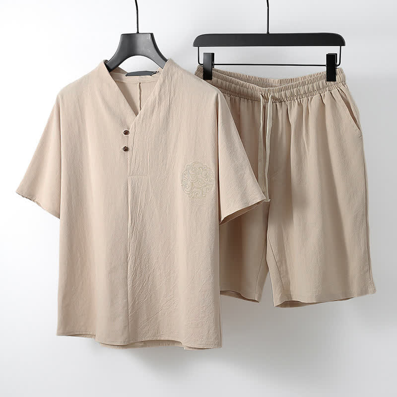 Buddha Stones 2-teiliges Sommer-Set im Tang-Stil: Lässiges Kurzarmhemd und Shorts aus Baumwoll-Leinen-Meditationskleidung mit Tasche. - Beige - US/UK/AU54, EU64 (9XL) - image 9