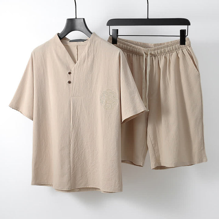 Buddha Stones 2-teiliges Sommer-Set im Tang-Stil: Lässiges Kurzarmhemd und Shorts aus Baumwoll-Leinen-Meditationskleidung mit Tasche. - Beige - US/UK/AU54, EU64 (9XL) - image 9