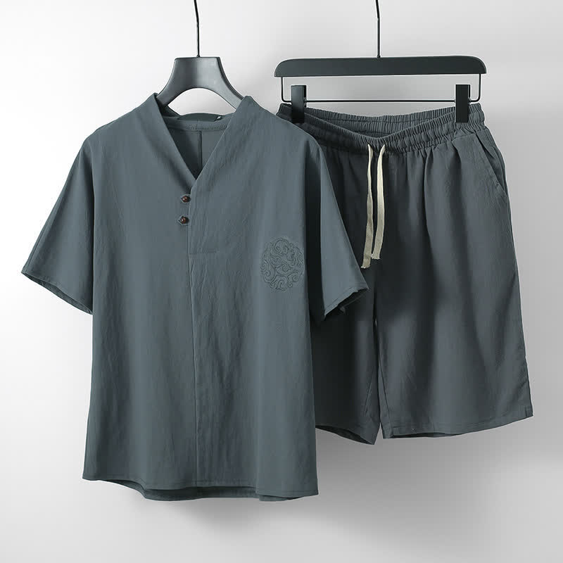 Buddha Stones 2-teiliges Sommer-Set im Tang-Stil: Lässiges Kurzarmhemd und Shorts aus Baumwoll-Leinen-Meditationskleidung mit Tasche. - DimGray - US/UK/AU54, EU64 (9XL) - image 0