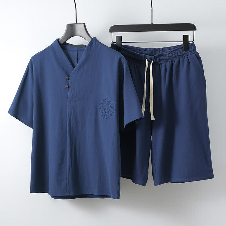Buddha Stones 2-teiliges Sommer-Set im Tang-Stil: Lässiges Kurzarmhemd und Shorts aus Baumwoll-Leinen-Meditationskleidung mit Tasche. - Marine - US/UK/AU54, EU64 (9XL) - image 6