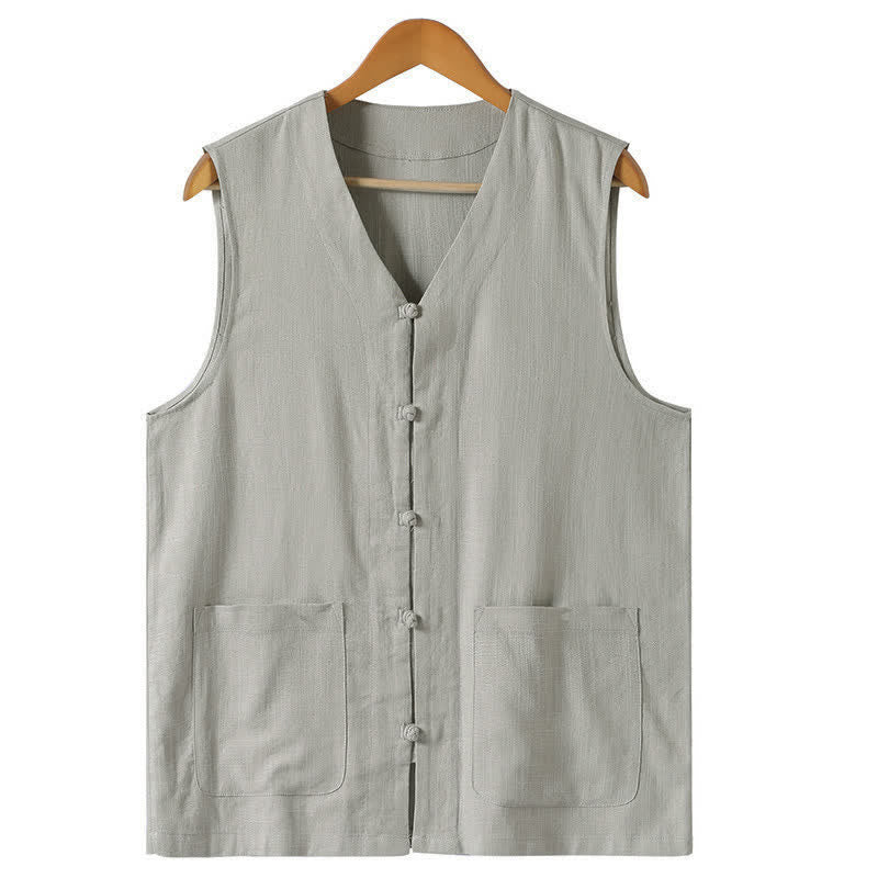 Buddha Stones Sommerliches Tanktop im Tang-Stil mit Froschknopfleiste, einfarbig, V-Ausschnitt, ärmellos, mit Taschen für Herren - Hellgrau - US/UK/AU46, EU56 (5XL) - image 2