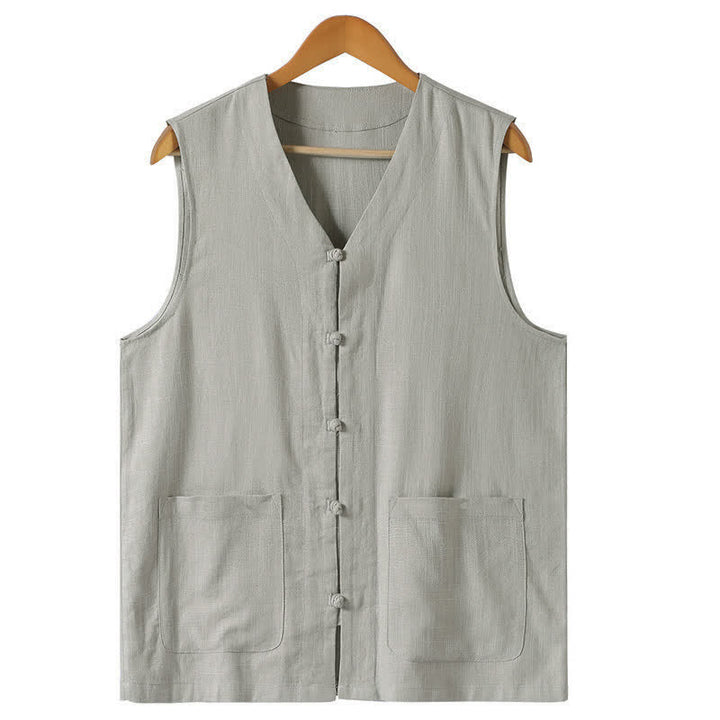 Buddha Stones Sommerliches Tanktop im Tang-Stil mit Froschknopfleiste, einfarbig, V-Ausschnitt, ärmellos, mit Taschen für Herren - Hellgrau - US/UK/AU46, EU56 (5XL) - image 2