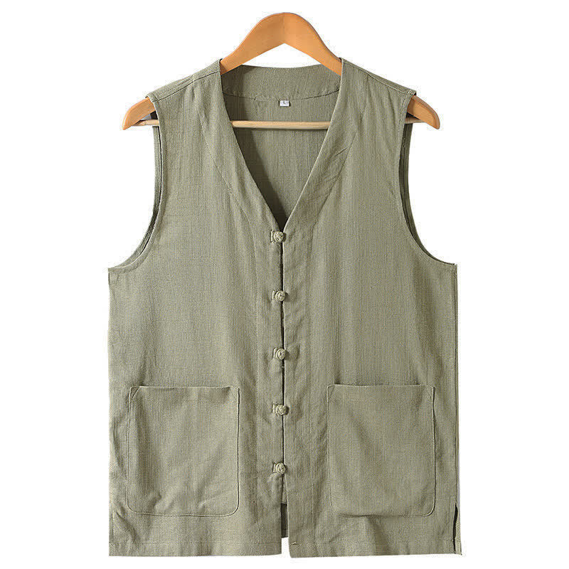 Buddha Stones Sommerliches Tanktop im Tang-Stil mit Froschknopfleiste, einfarbig, V-Ausschnitt, ärmellos, mit Taschen für Herren - Dunkelkhaki - US/UK/AU46, EU56 (5XL) - image 1