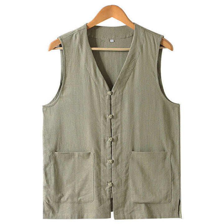Buddha Stones Sommerliches Tanktop im Tang-Stil mit Froschknopfleiste, einfarbig, V-Ausschnitt, ärmellos, mit Taschen für Herren - Dunkelkhaki - US/UK/AU46, EU56 (5XL) - image 1