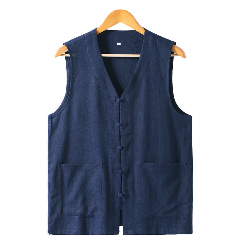 Buddha Stones Sommerliches Tanktop im Tang-Stil mit Froschknopfleiste, einfarbig, V-Ausschnitt, ärmellos, mit Taschen für Herren - Marine - US/UK/AU46, EU56 (5XL) - image 0