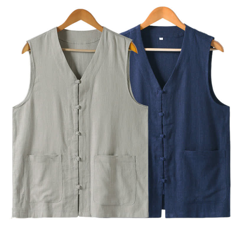 Buddha Stones Sommerliches Tanktop im Tang-Stil mit Froschknopfleiste, einfarbig, V-Ausschnitt, ärmellos, mit Taschen für Herren - image 12
