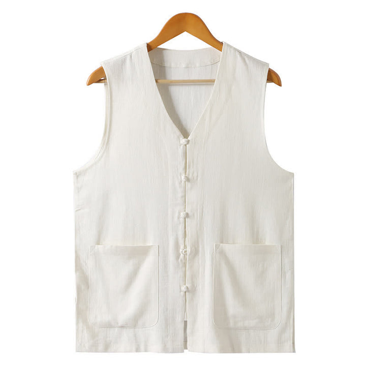 Buddha Stones Sommerliches Tanktop im Tang-Stil mit Froschknopfleiste, einfarbig, V-Ausschnitt, ärmellos, mit Taschen für Herren - Weiß - US/UK/AU46, EU56 (5XL) - image 11