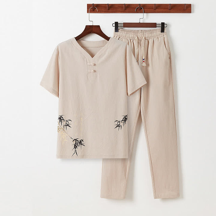 Buddha Stones 2-teiliges Sommer-Set im Tang-Stil: Lässiges Herren-Meditations-Set mit Taschen, Kurzarmhemd und Hose aus Baumwoll-Leinen-Mischgewebe mit Froschknöpfen und Bambusprint. - Beige - US/UK/AU46, EU56 (5XL) - image 19