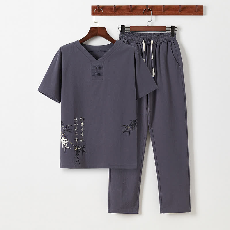 Buddha Stones 2-teiliges Sommer-Set im Tang-Stil: Lässiges Herren-Meditations-Set mit Taschen, Kurzarmhemd und Hose aus Baumwoll-Leinen-Mischgewebe mit Froschknöpfen und Bambusprint. - DimGray - US/UK/AU46, EU56 (5XL) - image 17