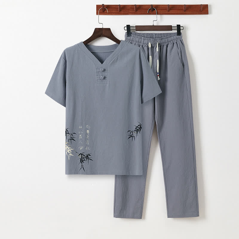 Buddha Stones 2-teiliges Sommer-Set im Tang-Stil: Lässiges Herren-Meditations-Set mit Taschen, Kurzarmhemd und Hose aus Baumwoll-Leinen-Mischgewebe mit Froschknöpfen und Bambusprint. - Gainsboro - US/UK/AU46, EU56 (5XL) - image 0