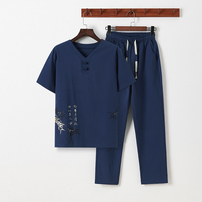 Buddha Stones 2-teiliges Sommer-Set im Tang-Stil: Lässiges Herren-Meditations-Set mit Taschen, Kurzarmhemd und Hose aus Baumwoll-Leinen-Mischgewebe mit Froschknöpfen und Bambusprint. - Marine - US/UK/AU46, EU56 (5XL) - image 1