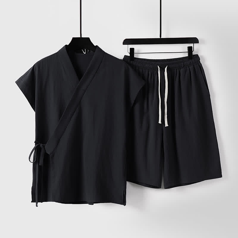 Buddha Stones 2-teiliges Sommer-Meditations-Set im Tang-Stil aus einfarbigem Baumwoll-Leinen-Meditationshemd und Shorts mit Kordelzug und Taschen - Schwarz - US/UK/AU54, EU64 (9XL) - image 3
