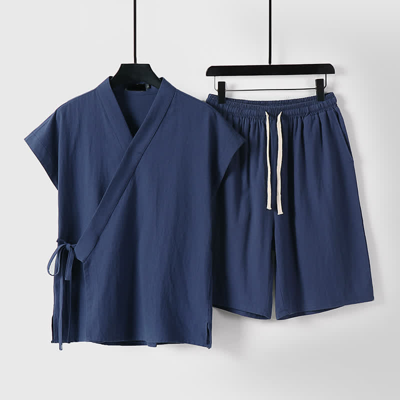Buddha Stones 2-teiliges Sommer-Meditations-Set im Tang-Stil aus einfarbigem Baumwoll-Leinen-Meditationshemd und Shorts mit Kordelzug und Taschen - Marine - US/UK/AU54, EU64 (9XL) - image 0