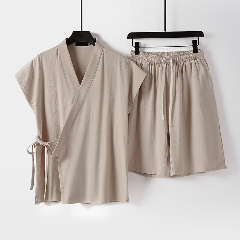 Buddha Stones 2-teiliges Sommer-Meditations-Set im Tang-Stil aus einfarbigem Baumwoll-Leinen-Meditationshemd und Shorts mit Kordelzug und Taschen - Biskuit - US/UK/AU54, EU64 (9XL) - image 9