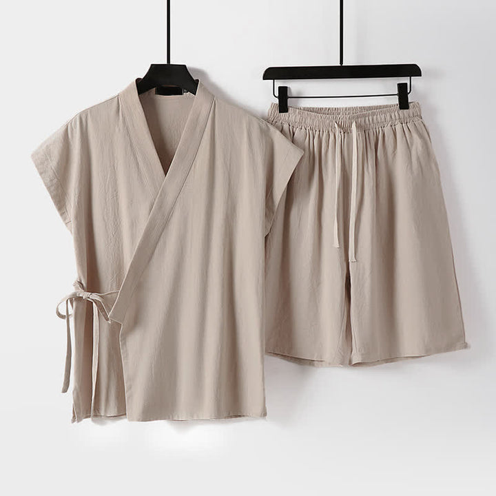 Buddha Stones 2-teiliges Sommer-Meditations-Set im Tang-Stil aus einfarbigem Baumwoll-Leinen-Meditationshemd und Shorts mit Kordelzug und Taschen - Biskuit - US/UK/AU54, EU64 (9XL) - image 9