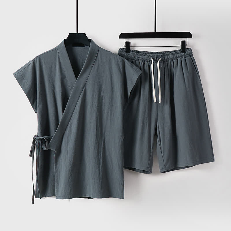 Buddha Stones 2-teiliges Sommer-Meditations-Set im Tang-Stil aus einfarbigem Baumwoll-Leinen-Meditationshemd und Shorts mit Kordelzug und Taschen - DimGray - US/UK/AU54, EU64 (9XL) - image 6