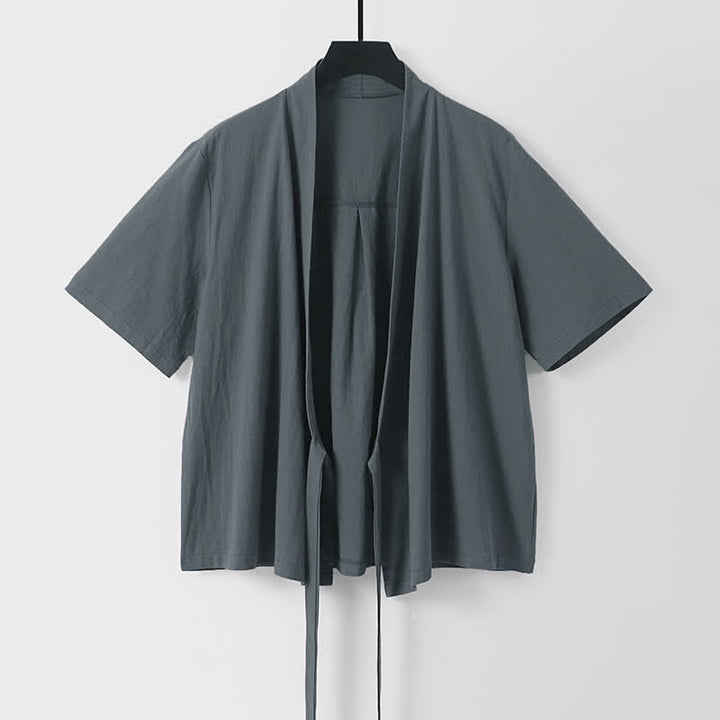 Buddha Stones Lässiger, minimalistischer Sommerkimono für Herren aus Baumwoll-Leinen-Mischgewebe mit kurzen Ärmeln, Schnürung und offener Vorderseite. - DimGray - US/UK/AU54, EU64 (9XL) - image 0