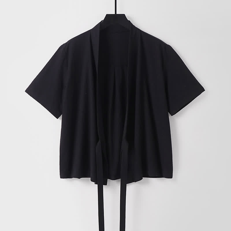 Buddha Stones Lässiger, minimalistischer Sommerkimono für Herren aus Baumwoll-Leinen-Mischgewebe mit kurzen Ärmeln, Schnürung und offener Vorderseite. - Schwarz - US/UK/AU54, EU64 (9XL) - image 3