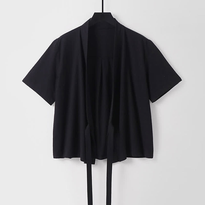 Buddha Stones Lässiger, minimalistischer Sommerkimono für Herren aus Baumwoll-Leinen-Mischgewebe mit kurzen Ärmeln, Schnürung und offener Vorderseite. - Schwarz - US/UK/AU54, EU64 (9XL) - image 3
