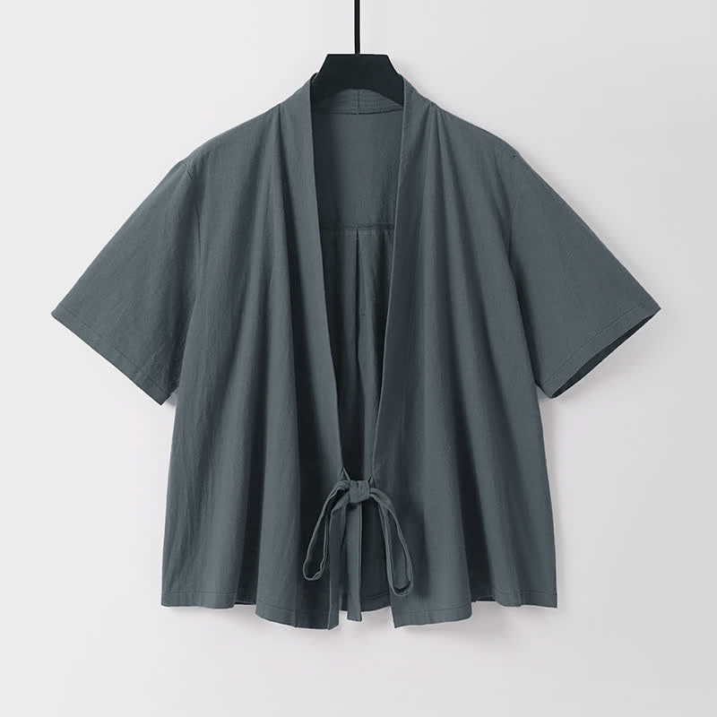 Buddha Stones Lässiger, minimalistischer Sommerkimono für Herren aus Baumwoll-Leinen-Mischgewebe mit kurzen Ärmeln, Schnürung und offener Vorderseite. - image 1