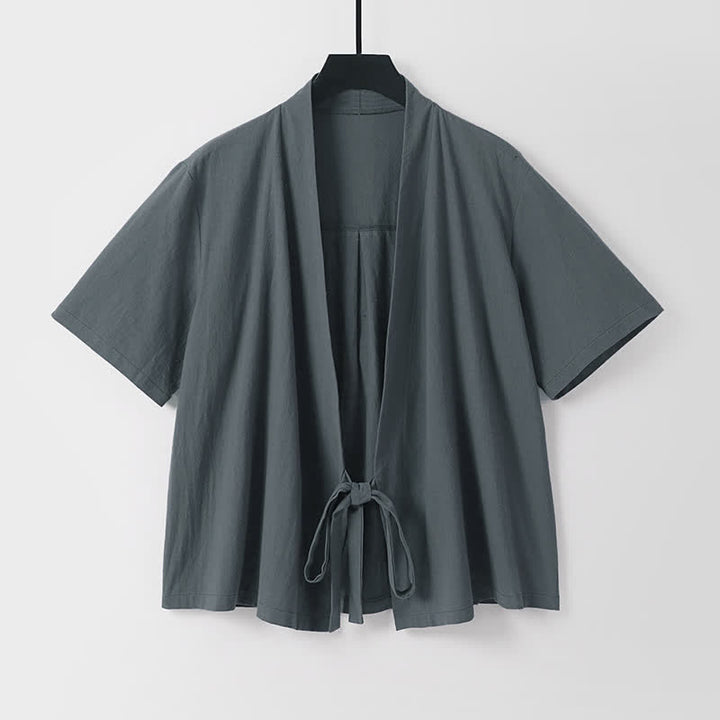 Buddha Stones Lässiger, minimalistischer Sommerkimono für Herren aus Baumwoll-Leinen-Mischgewebe mit kurzen Ärmeln, Schnürung und offener Vorderseite. - image 1