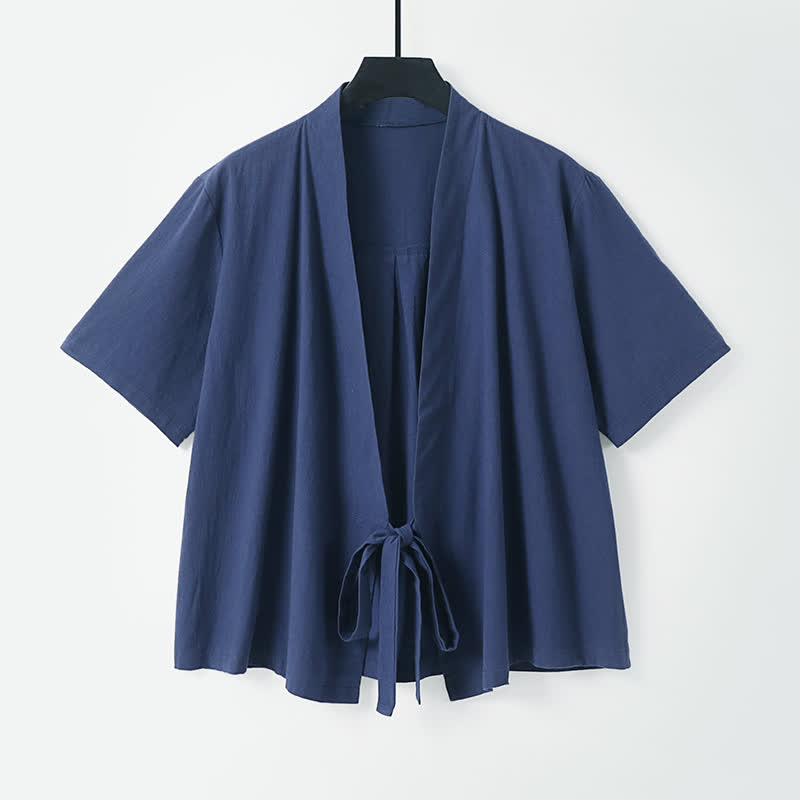 Buddha Stones Lässiger, minimalistischer Sommerkimono für Herren aus Baumwoll-Leinen-Mischgewebe mit kurzen Ärmeln, Schnürung und offener Vorderseite. - Marine - US/UK/AU54, EU64 (9XL) - image 5