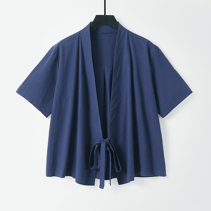 Buddha Stones Lässiger, minimalistischer Sommerkimono für Herren aus Baumwoll-Leinen-Mischgewebe mit kurzen Ärmeln, Schnürung und offener Vorderseite. - Marine - US/UK/AU54, EU64 (9XL) - image 5