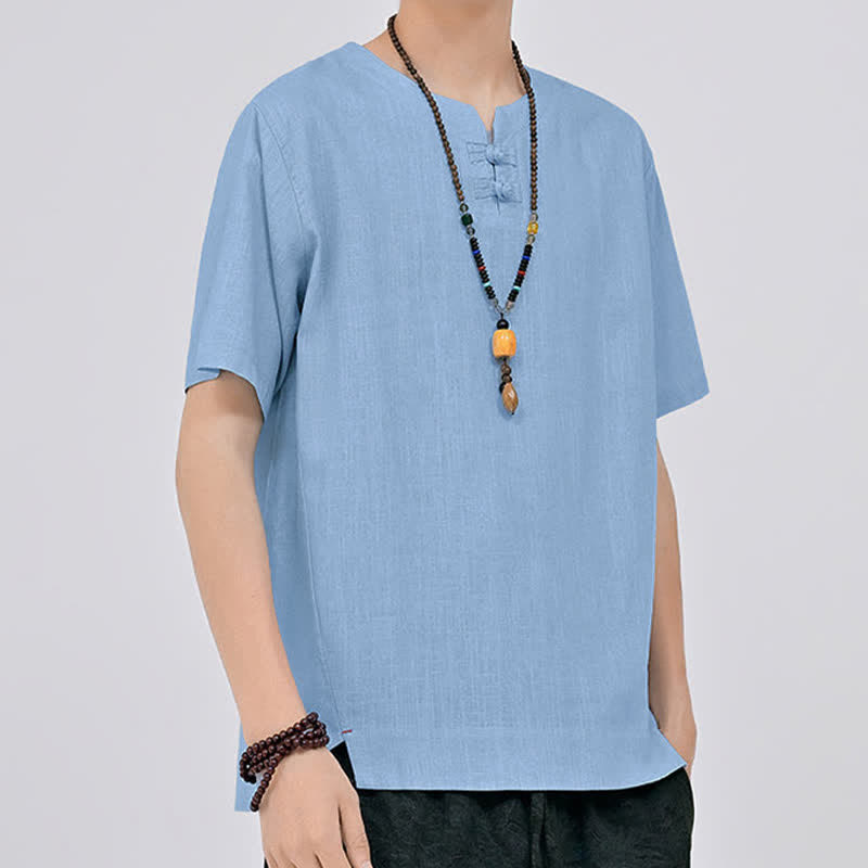 Buddha Stones Sommerliches minimalistisches Kurzarmhemd im Tang-Stil mit zwei Froschknöpfen und Rundhalsausschnitt für Herren - image 15