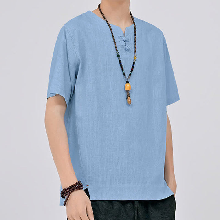 Buddha Stones Sommerliches minimalistisches Kurzarmhemd im Tang-Stil mit zwei Froschknöpfen und Rundhalsausschnitt für Herren - image 15