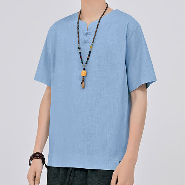 Buddha Stones Sommerliches minimalistisches Kurzarmhemd im Tang-Stil mit zwei Froschknöpfen und Rundhalsausschnitt für Herren - image 16
