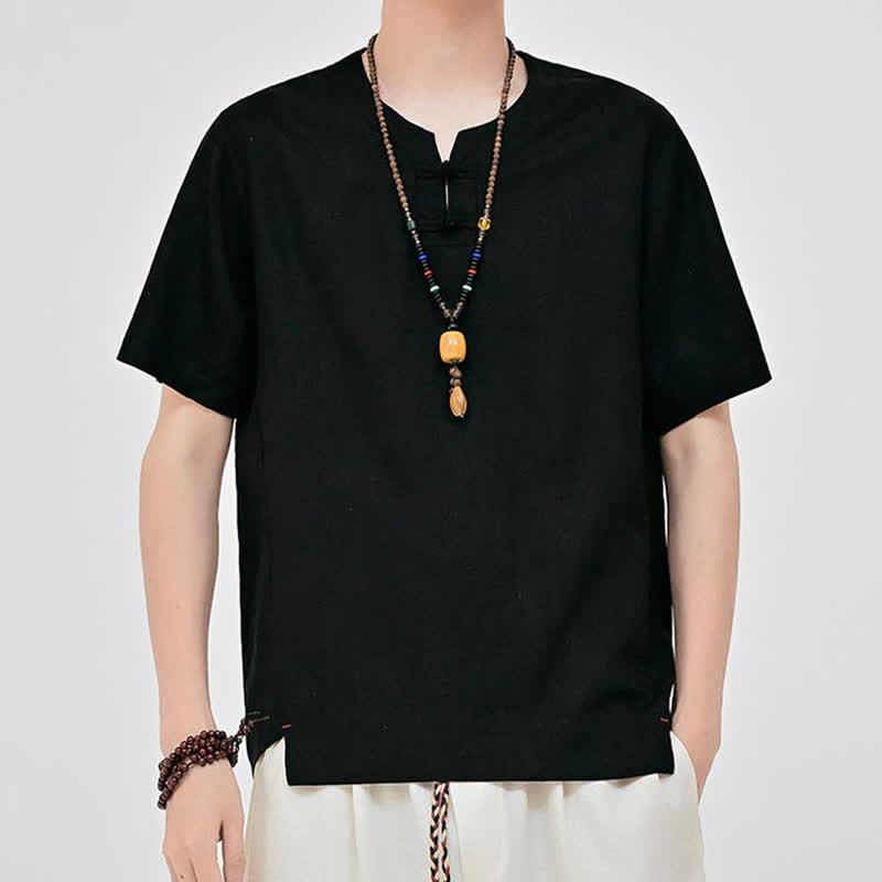 Buddha Stones Sommerliches minimalistisches Kurzarmhemd im Tang-Stil mit zwei Froschknöpfen und Rundhalsausschnitt für Herren - Schwarz - US/UK/AU46, EU56 (5XL) - image 7
