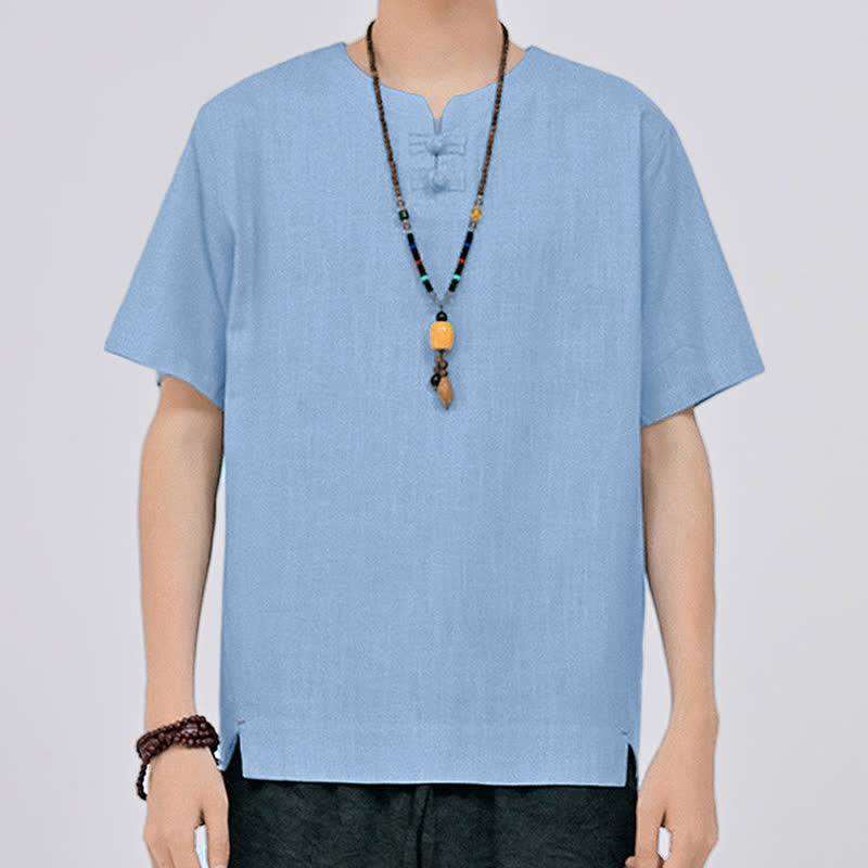 Buddha Stones Sommerliches minimalistisches Kurzarmhemd im Tang-Stil mit zwei Froschknöpfen und Rundhalsausschnitt für Herren - image 17