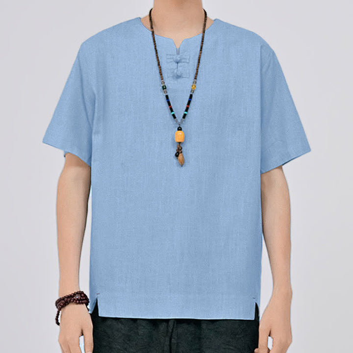 Buddha Stones Sommerliches minimalistisches Kurzarmhemd im Tang-Stil mit zwei Froschknöpfen und Rundhalsausschnitt für Herren - image 17