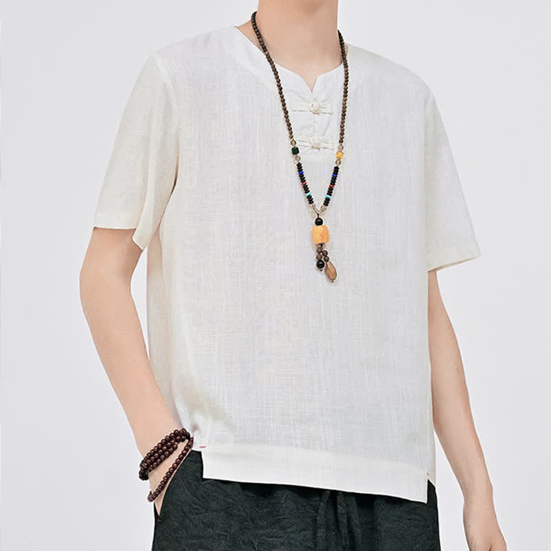 Buddha Stones Sommerliches minimalistisches Kurzarmhemd im Tang-Stil mit zwei Froschknöpfen und Rundhalsausschnitt für Herren - image 6