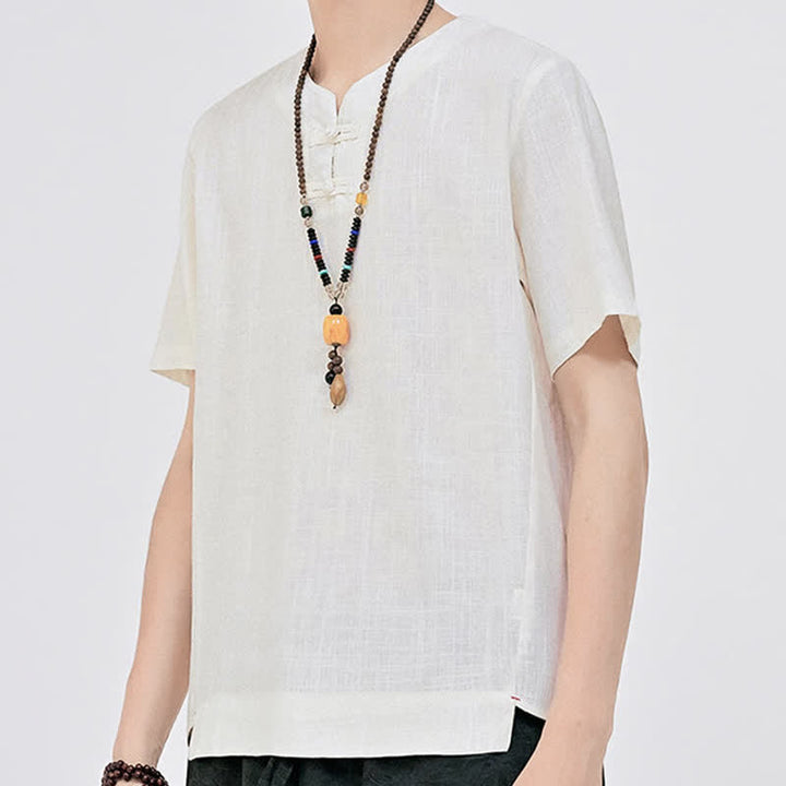 Buddha Stones Sommerliches minimalistisches Kurzarmhemd im Tang-Stil mit zwei Froschknöpfen und Rundhalsausschnitt für Herren - image 5