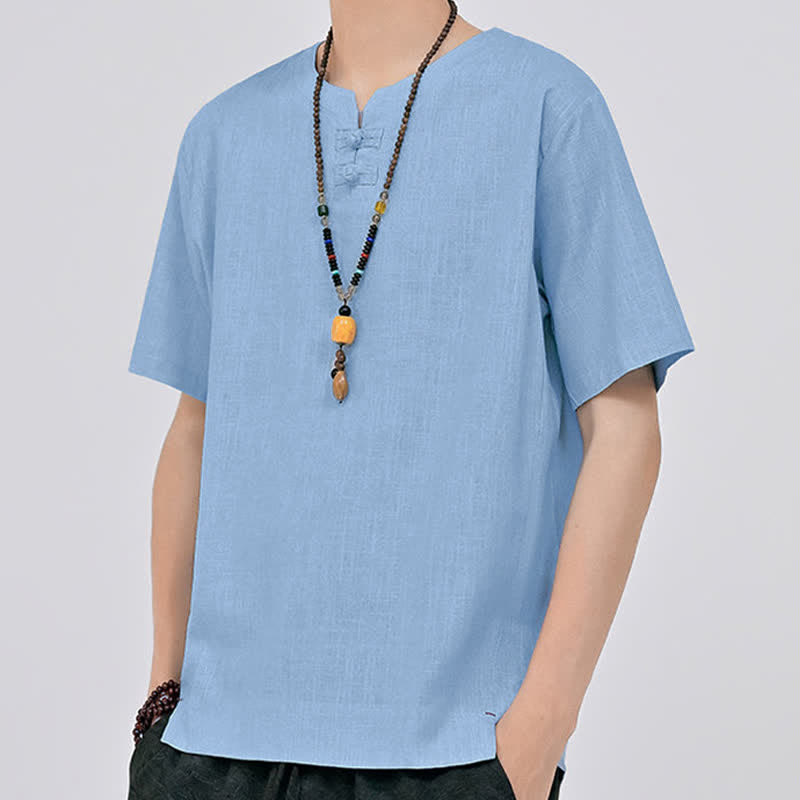 Buddha Stones Sommerliches minimalistisches Kurzarmhemd im Tang-Stil mit zwei Froschknöpfen und Rundhalsausschnitt für Herren - image 18