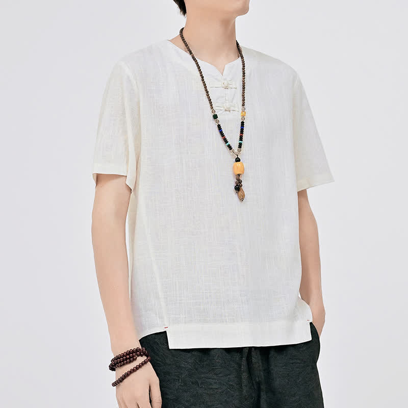 Buddha Stones Sommerliches minimalistisches Kurzarmhemd im Tang-Stil mit zwei Froschknöpfen und Rundhalsausschnitt für Herren - image 1