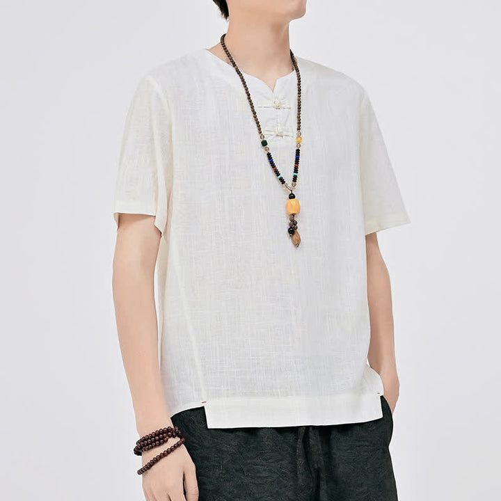 Buddha Stones Sommerliches minimalistisches Kurzarmhemd im Tang-Stil mit zwei Froschknöpfen und Rundhalsausschnitt für Herren - image 1