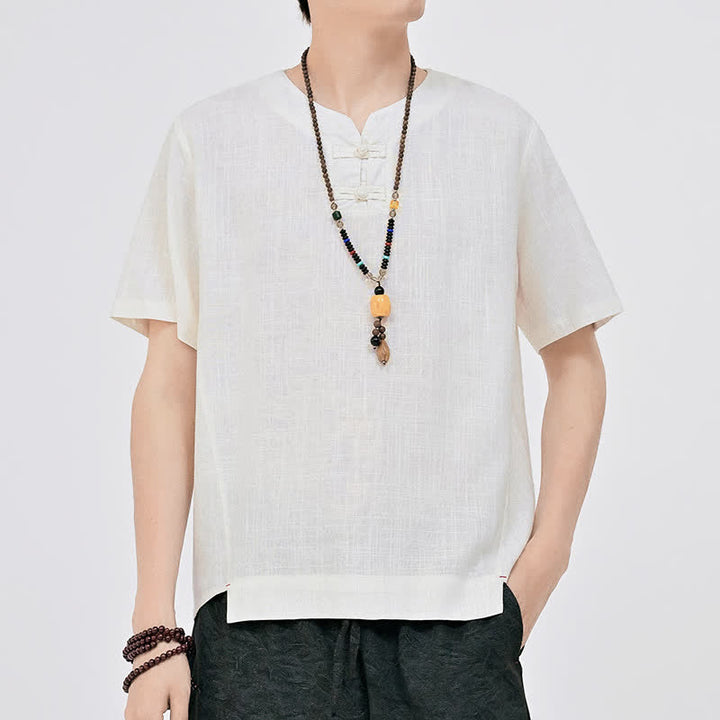 Buddha Stones Sommerliches minimalistisches Kurzarmhemd im Tang-Stil mit zwei Froschknöpfen und Rundhalsausschnitt für Herren - Weiß - US/UK/AU46, EU56 (5XL) - image 0