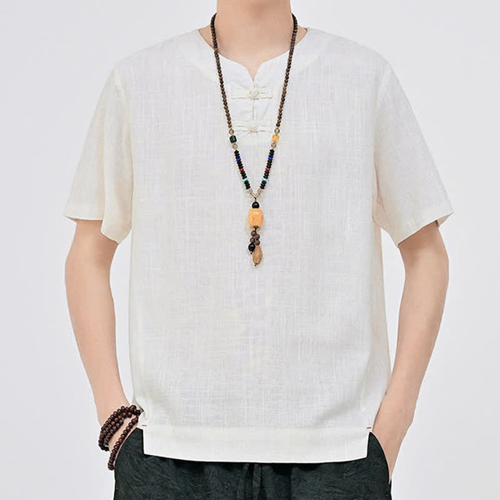 Buddha Stones Sommerliches minimalistisches Kurzarmhemd im Tang-Stil mit zwei Froschknöpfen und Rundhalsausschnitt für Herren - image 3