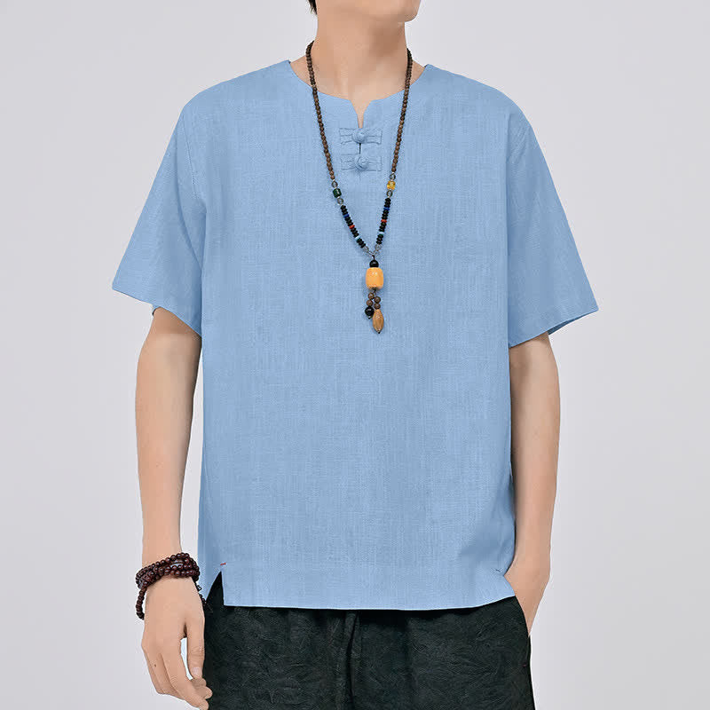 Buddha Stones Sommerliches minimalistisches Kurzarmhemd im Tang-Stil mit zwei Froschknöpfen und Rundhalsausschnitt für Herren - Hellblau - US/UK/AU46, EU56 (5XL) - image 14