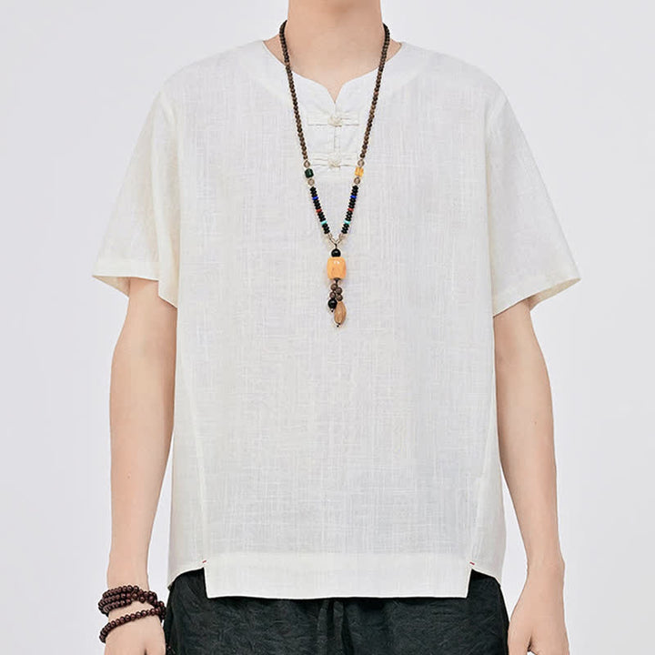Buddha Stones Sommerliches minimalistisches Kurzarmhemd im Tang-Stil mit zwei Froschknöpfen und Rundhalsausschnitt für Herren - image 4