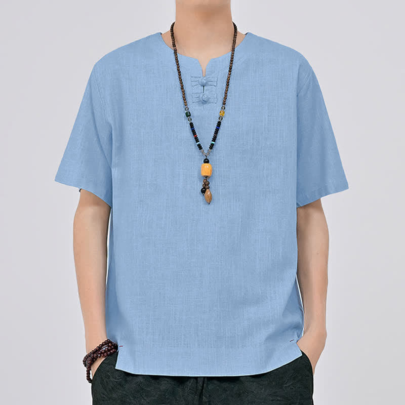 Buddha Stones Sommerliches minimalistisches Kurzarmhemd im Tang-Stil mit zwei Froschknöpfen und Rundhalsausschnitt für Herren - image 19