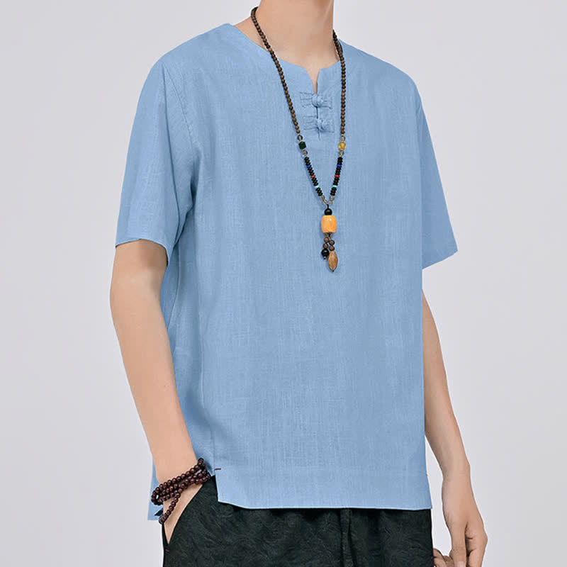 Buddha Stones Sommerliches minimalistisches Kurzarmhemd im Tang-Stil mit zwei Froschknöpfen und Rundhalsausschnitt für Herren - image 20