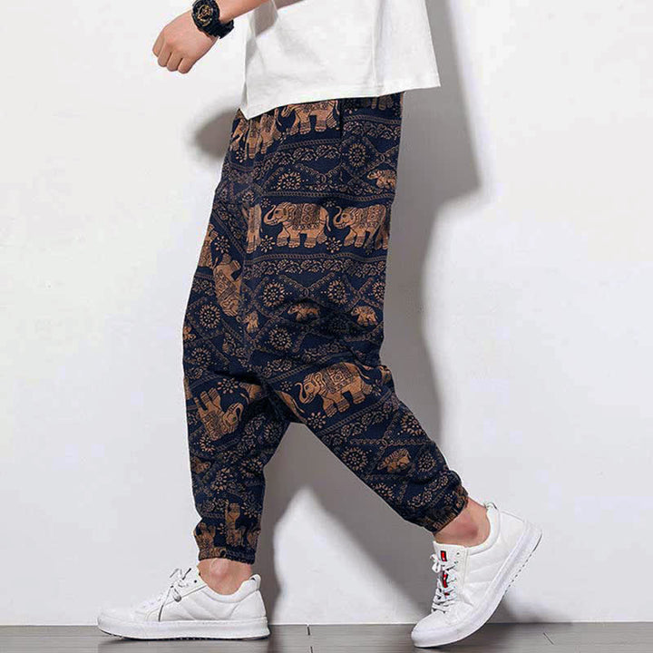 Buddha Stones Elephant Braun Schwarz Print Herren Lange Cropped Haremshose mit Taschen - Elefanten im langen Stil - US/ UK/AU46, EU56 (5XL) - image 0