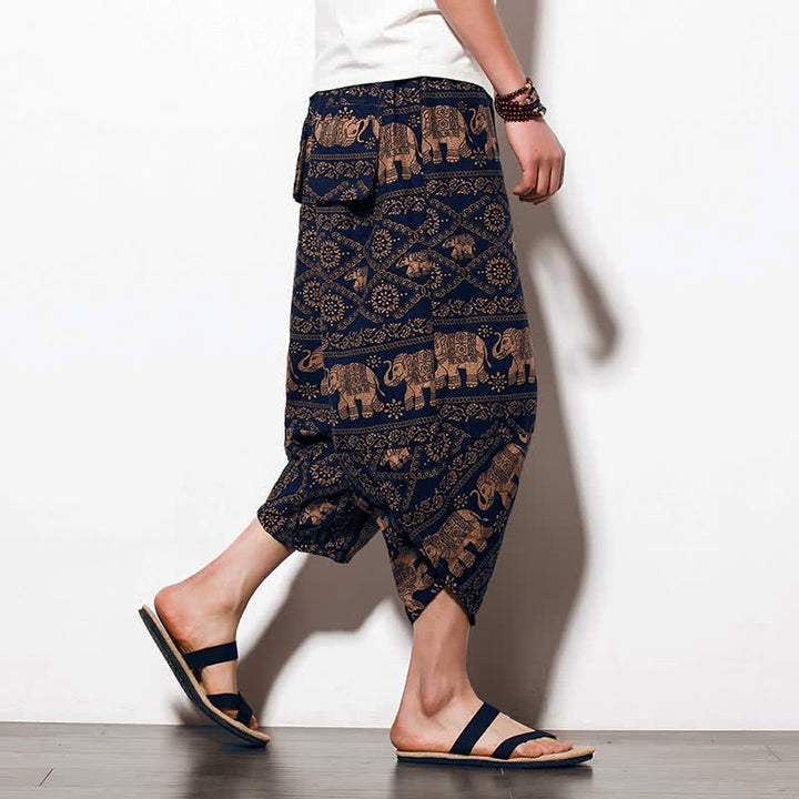 Buddha Stones Elephant Braun Schwarz Print Herren Lange Cropped Haremshose mit Taschen - Elefantenschnitt - US/ UK/AU46, EU56 (5XL) - image 9
