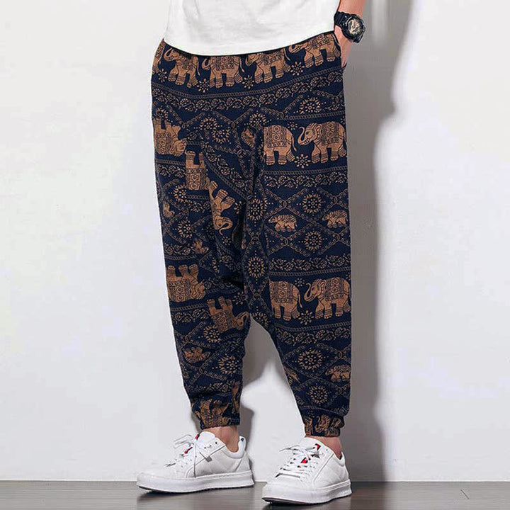 Buddha Stones Elephant Braun Schwarz Print Herren Lange Cropped Haremshose mit Taschen - image 3